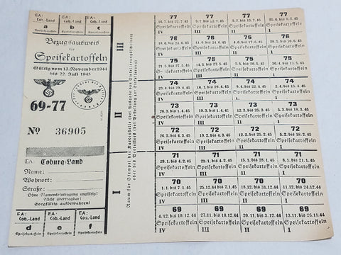 WWII German Ration Card Coburg 1944 Potatos 69-77